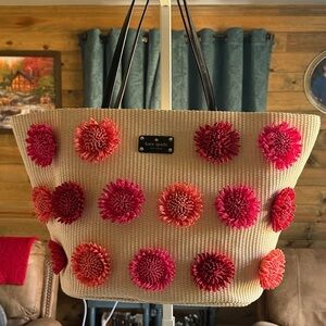 Kate Spade Beige Straw Tote with Red and Pink Floral Design